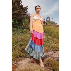 NWT ANTHROPOLOGIE Tiered RAINBOW V-NECK MAXI DRESS Size M #MC437